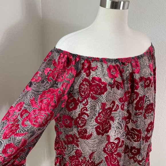 Democracy Womens Plus 1X Off The Shoulder Sheer Crushed Velvet Floral Top Shirt - Picture 2 of 14